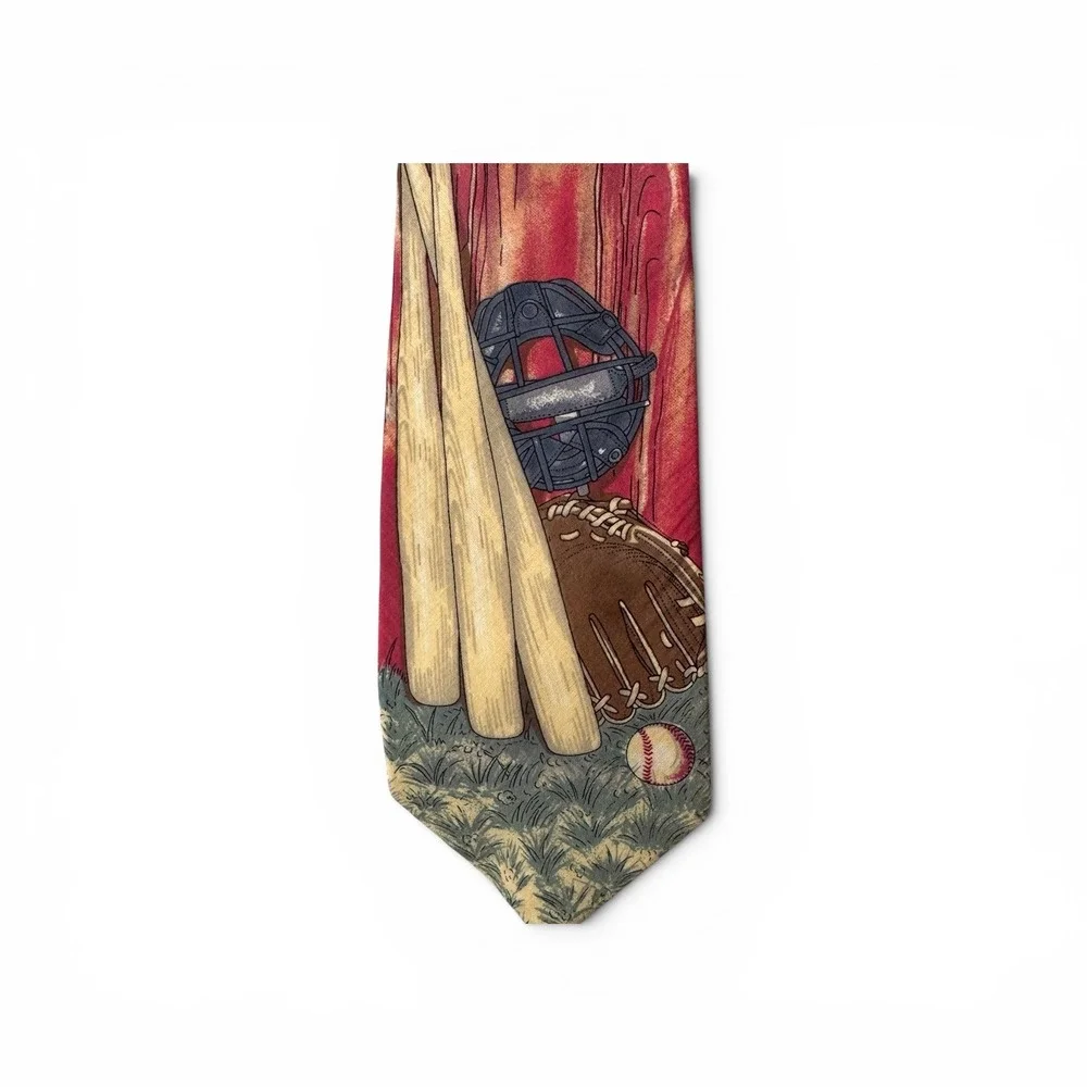 Lands End Mens Vintage Baseball Dugout Graphic Cotton Necktie Red Orange USA